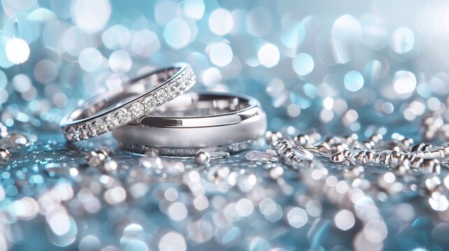 Elegant wedding bands shine on a glittering backdrop, creating a panoramic display with ample space for text. The focus draws the eye to the exquisite rings, making them the centerpiece of the scene.
