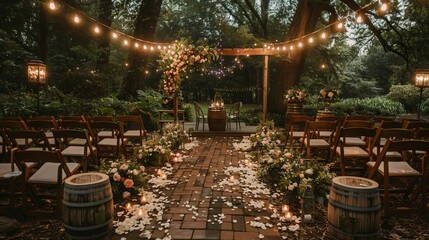 Naklejka premium Floral-adorned ceremony in the garden under twinkling lights