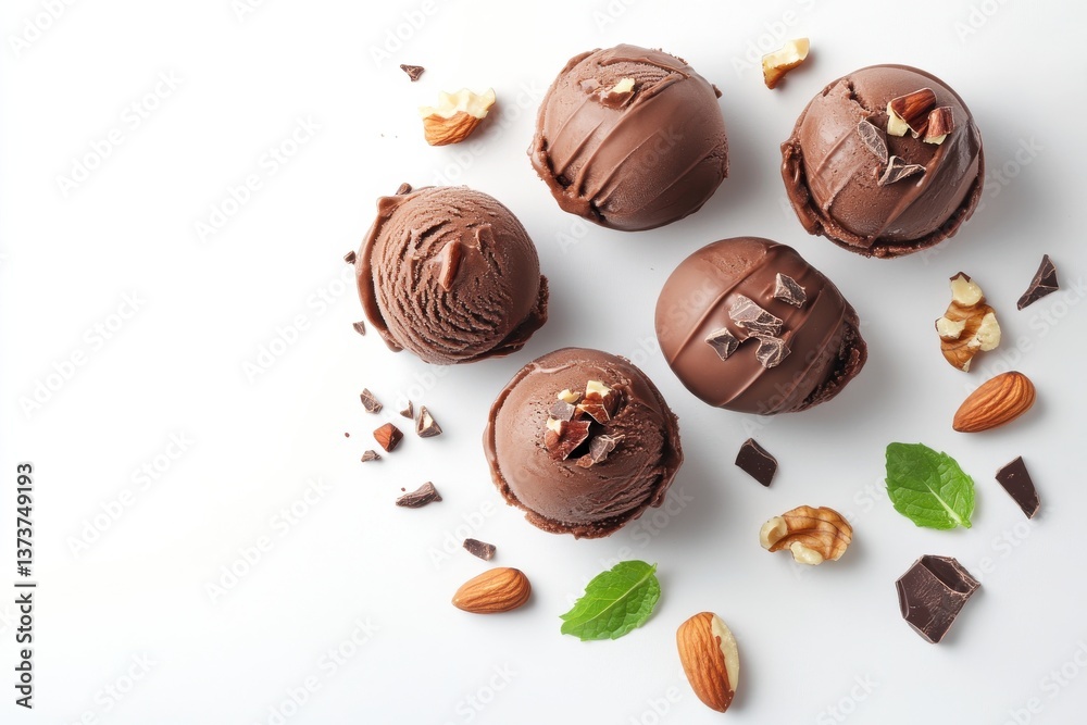 Poster delicious chocolate ice cream scoops garnished with nuts and mint create an inviting dessert display