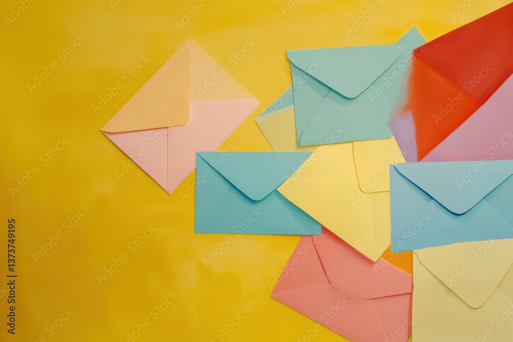 Poster Colorful envelopes scattered on a bright yellow background create a vibrant and playful display of correspondence