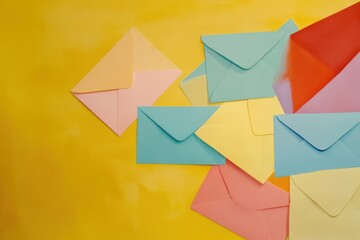 Colorful envelopes scattered on a bright yellow background create a vibrant and playful display of correspondence