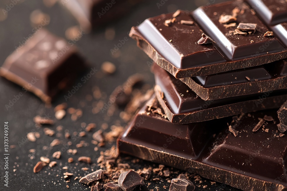 Aufkleber dark chocolate pieces stacked on a dark surface with shavings scattered around after breaking chunks