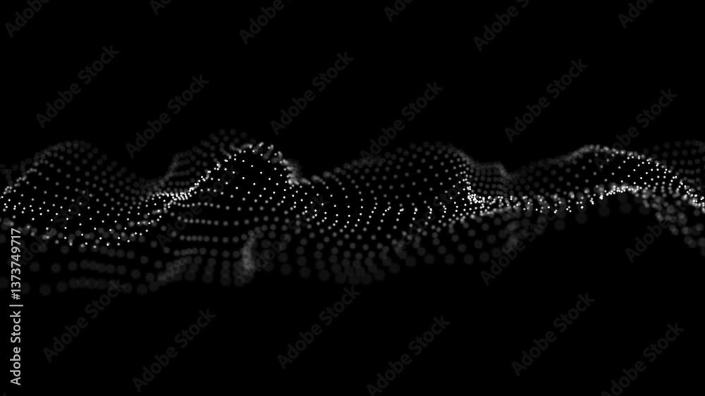 Poster futuristic wave of moving dots in dark space. digital big data technologies. 3d rendering.