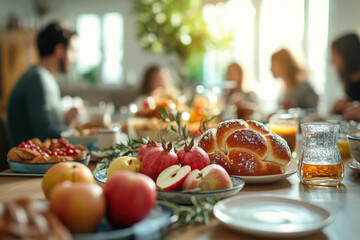 Jewish family gathering enjoying Rosh Hashanah dinner with fruits  