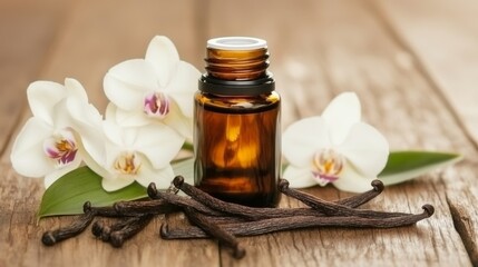 Aromatic Essence Vanilla Essential Oil, Beans, and Delicate Orchid Blooms on Rustic Wood