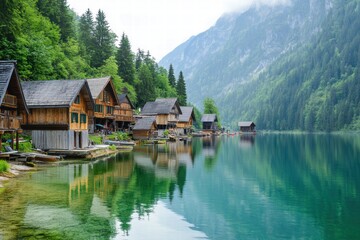 Obraz premium Idyllic mountain village by a clear blue lake