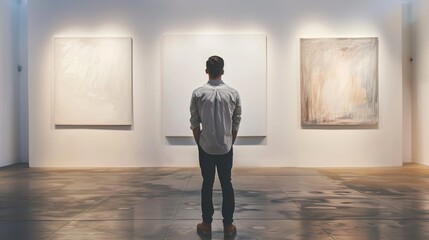 Obraz premium Man stands before a blank canvas in a gallery, motion blurred.