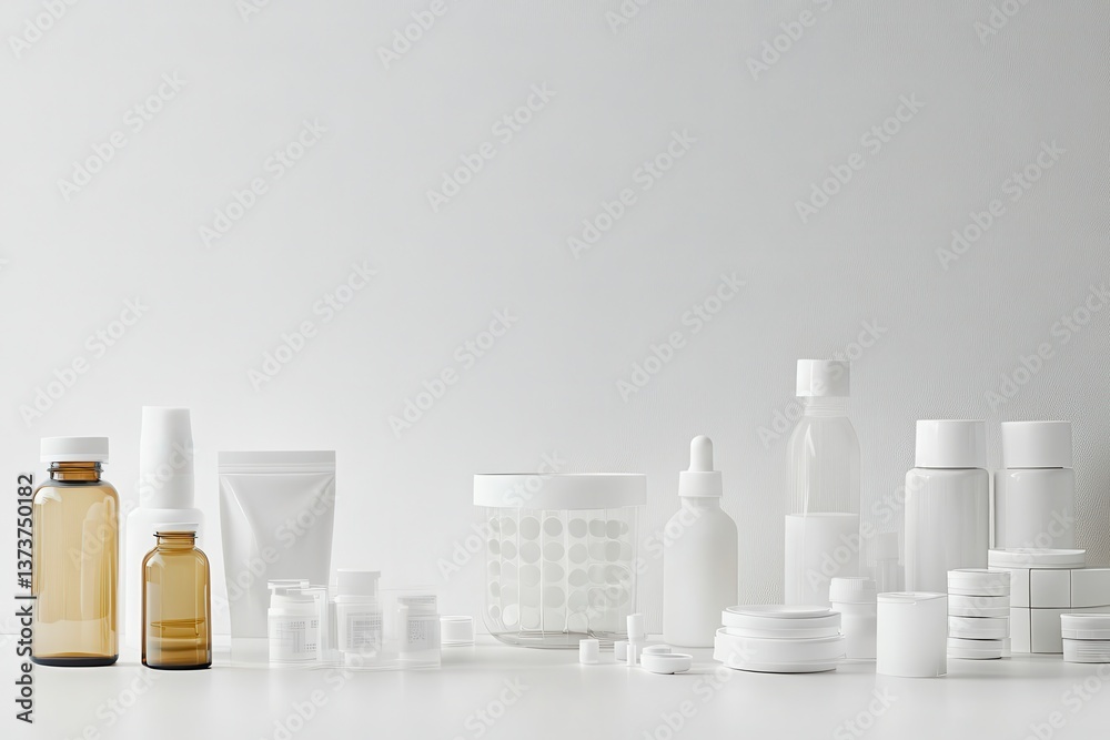 Poster wide assortment of skincare and cosmetic products displayed on a clean surface in a minimalist setti
