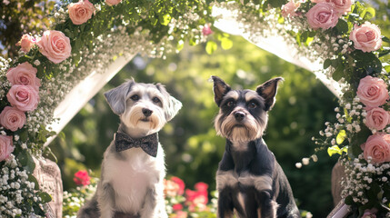 Pet wedding arch with two stylish dogs under rose flower arch
