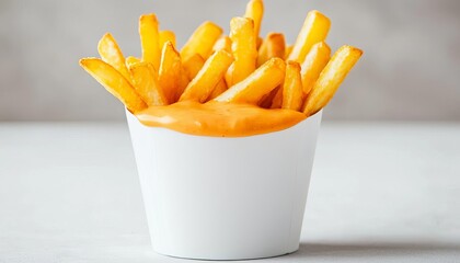 Delicious golden fries topped with creamy cheese sauce in a white container.