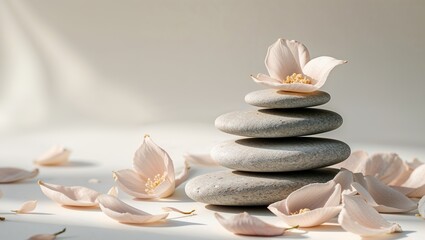 Serene Stacked Stones with Delicate Petals.