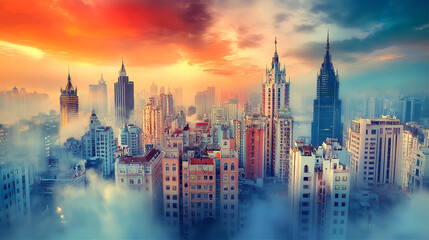 Fototapeta premium Beautiful modern capital view at sunset. Financial complex with glass skyscrapers in America