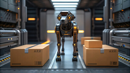 A futuristic robotic dog stands in a high-tech environment, surrounded by cardboard boxes, suggesting advanced automation and logistics.