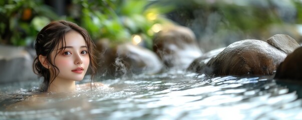 Fototapeta premium Beautiful young woman relaxing in a serene hot spring, surrounded by steam and nature, peaceful atmosphere, with soft sunlight filtering through