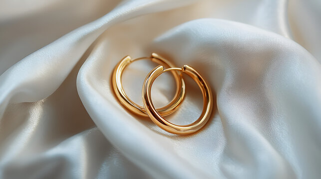 Elegant gold hoop earrings catch the light, resting gracefully on soft, luxurious ivory satin fabric.