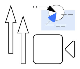 Upward arrows, video play button, and analytic pie chart highlight success growth. Ideal for business, analytics, video marketing, strategy planning, growth teamwork content strategy. Flat simple