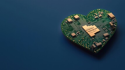 electricity circuit sustainability concept. Heart-shaped circuit board on a blue background.