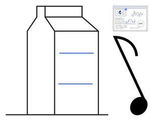 Simplified milk carton alongside analytics chart and musical note. Ideal for creativity, innovation, data analysis, dairy industry, music, minimalism, flat simple metaphor
