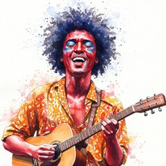Obraz premium A vibrant and expressive portrait of a man singing or performing with a guitar.