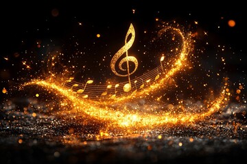 A gold-colored background filled with musical notes and bokeh lighting