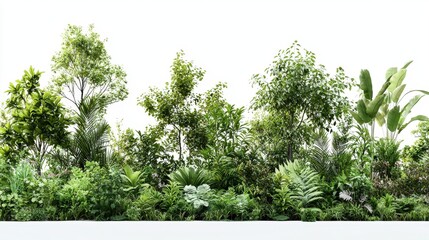 Lush Green Tropical Plants and Foliage Isolated on White Background