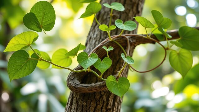 Tinospora Cordifolia (Giloy) Vine with Sunlit Green Leaves, Ayurvedic Medicinal Plant