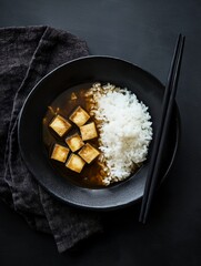Tofu and rice in spicy broth in black bowl with chopsticks on dark background