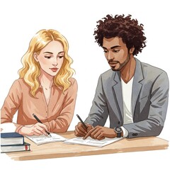 A couple signing documents or working on a project together.

