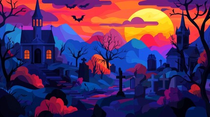 The full moon casts an eerie glow over a Gothic graveyard with a church silhouette in the background