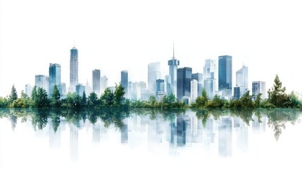 Fototapeta premium Urban Skyline Reflection Over Calm Water at Dusk with Greenery