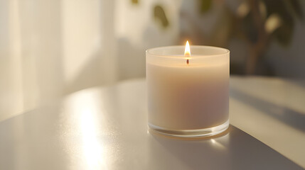 Candlelight radiates a warm glow in a simple glass holder, creating a calming and inviting ambiance.