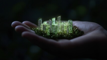A mystical green hologram of data and technology emerges from a hand, symbolizing futuristic innovation and digital connectivity