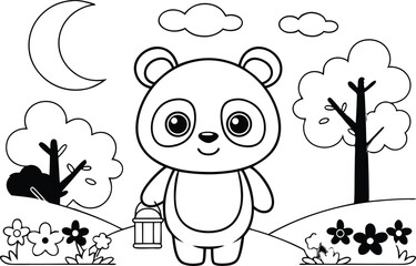 Outlined Panda Holding Lantern in Night with Moon and Clouds Drawing