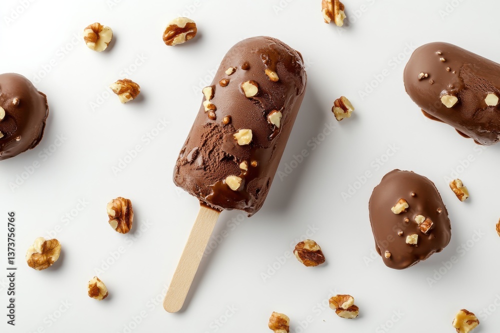 Poster delicious chocolate ice cream bars with nuts scattered on a white surface