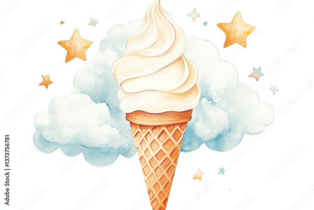 Aufkleber Delicious ice cream cone with soft serve swirls against a pastel cloud and star background