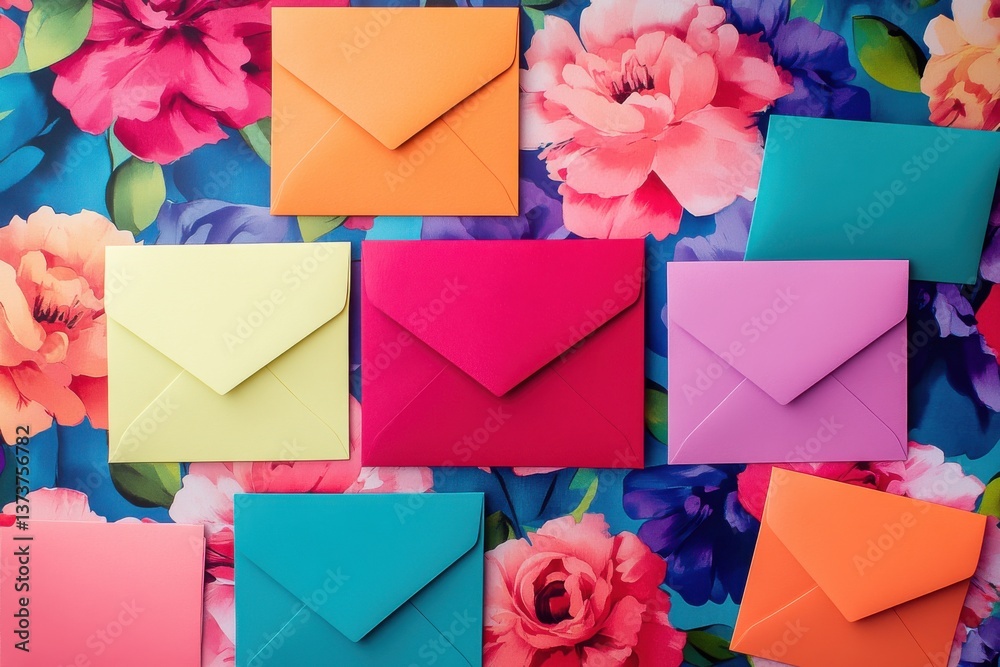 Aufkleber colorful envelopes arranged on a floral backdrop in a creative display during daytime
