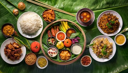 Filipino Kamayan Boodle Fight Feast on Banana Leaves; Shared with Hands for a Traditional Meal; Food on a Banana Leaf 