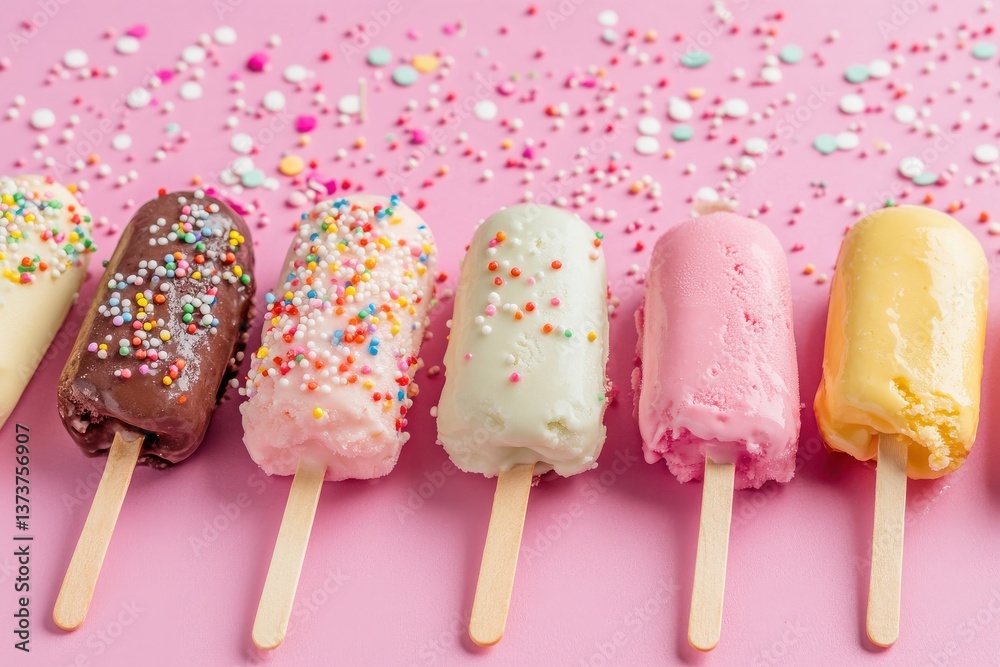 Poster Colorful ice cream popsicles arranged on a pink background with sprinkles for a cheerful summer treat