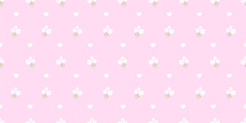 Pretty floral background with hearts. Seamless pattern with white flowers on pink background. Great for covers, textiles, stationery, wallpaper, wrapping paper. Vector illustration in coquette style