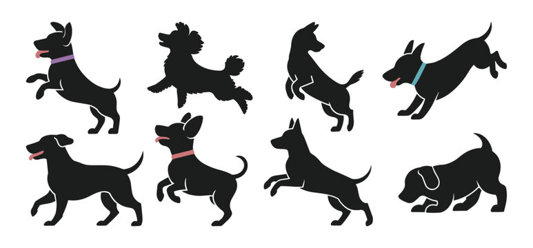 Set of black dog silhouettes in various poses. Scene is playful and whimsical, as the cats appear to be engaged in different activities such as playing, jumping. Flat vector illustration isolated