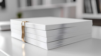 Organized stack of papers held together with a gold clip, minimalist office, and bright workspace.