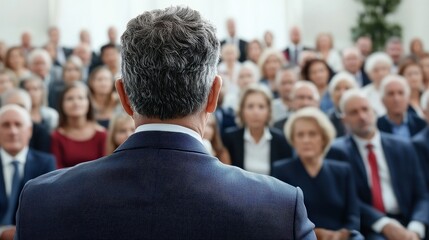 Speaker Addressing Large Audience at Conference or Event Gathering