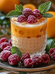 Mango panna cotta with frozen raspberries and mint in a glass on a citrus background