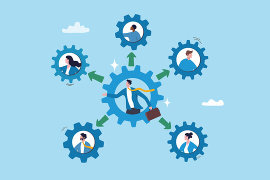 Work delegation, assign responsibility, collaboration task, teamwork efficiency or team productivity, process for manager to delegate work to employee, business teamwork delegate gear collaboration.