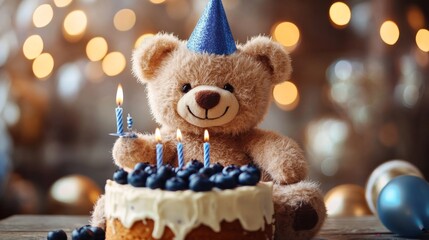 Adorable teddy bear wearing a blue party hat sits beside a blueberry-decorated birthday cake with lit candles, creating a festive and warm celebration atmosphere.. AI Generation