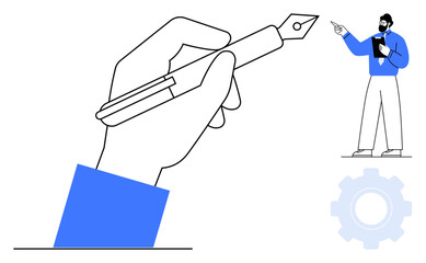 Hand drawing with fountain pen, businessman presenting ideas holding clipboard and gear as backdrop. Ideal for creativity, teamwork, education, business strategy, planning, productivity, innovation