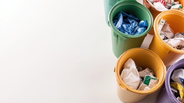 Colorful Trash Bins Full of Waste on a Light Background