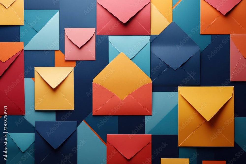 Aufkleber Colorful envelopes arranged in dynamic patterns on a vibrant background showcasing creativity and design elements