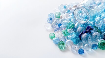 Plastic Bottles and Caps Piled on White Background for Recycling Concept
