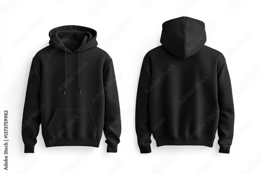 Poster Black hooded sweatshirt displayed from front and back in studio setting with neutral background